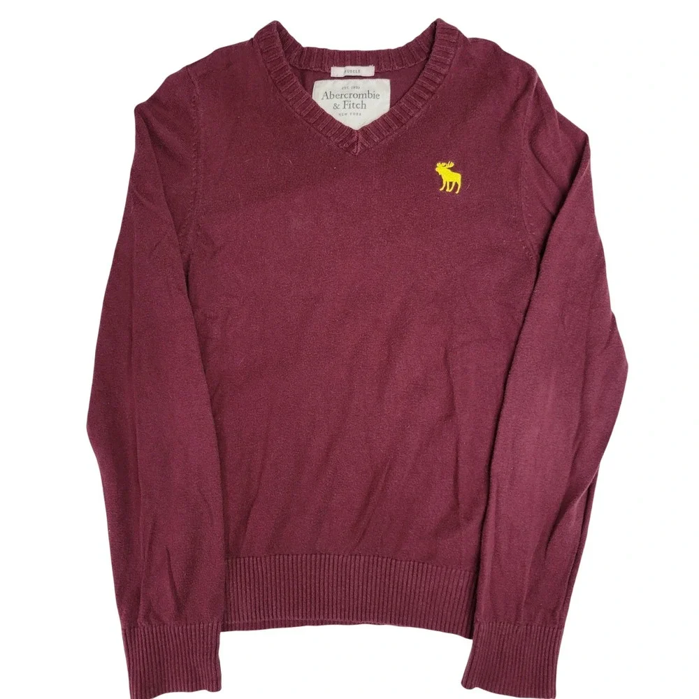 Abercrombie & Fitch‎ Mens Muscle Fit V-Neck Sweater Large Burgundy Maroon Logo